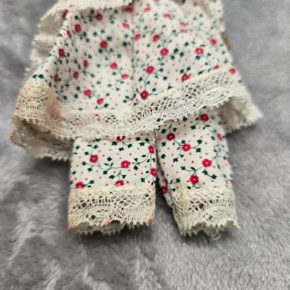 Vintage Handmade Wooden Head Doll Floral Prairie Dress Lace Trim Folk Art‎ 7.5